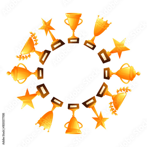 A circular wreath made of trophies in gold. The design features various trophy shapes and stars, symbolizing achievement and success.
