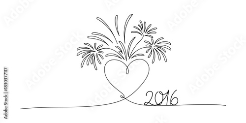 Continuous one line of a heart with fireworks, symbolizing new hope 2016, celebration theme, hand drawn vector illustration.