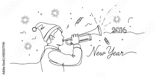Continuous one line of a person blowing a trumpet, celebrating new year's eve 2016, celebration theme, hand drawn vector illustration.