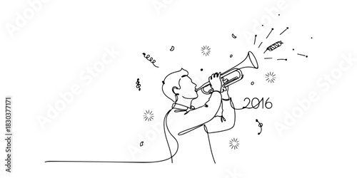 Continuous one line of a person blowing a trumpet, celebrating new year's eve 2016, celebration theme, hand drawn vector illustration.