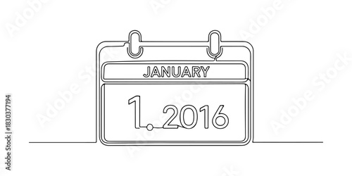 Continuous one line of a calendar showing the date January 1, 2016, celebration theme, hand drawn vector illustration.