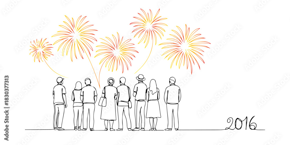 Obraz premium Continuous one line of a person looking at fireworks 2016, celebration theme, hand drawn vector illustration.