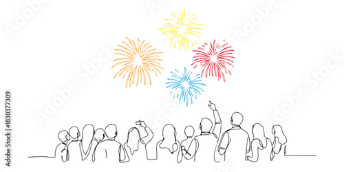 Continuous one line of a person looking at fireworks 2016, celebration theme, hand drawn vector illustration.