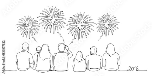 Continuous one line of a person looking at fireworks 2016, celebration theme, hand drawn vector illustration.
