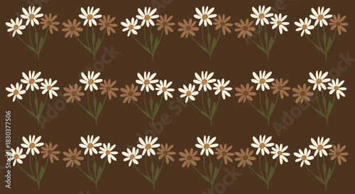 Repeating pattern of stylized white and brown daisy-like flowers with green stems on a dark brown background.