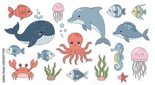 Adorable cartoon ocean animals and marine life set, featuring whales, dolphins, octopus, crab, seahorse, jellyfish, and various fish swimming.