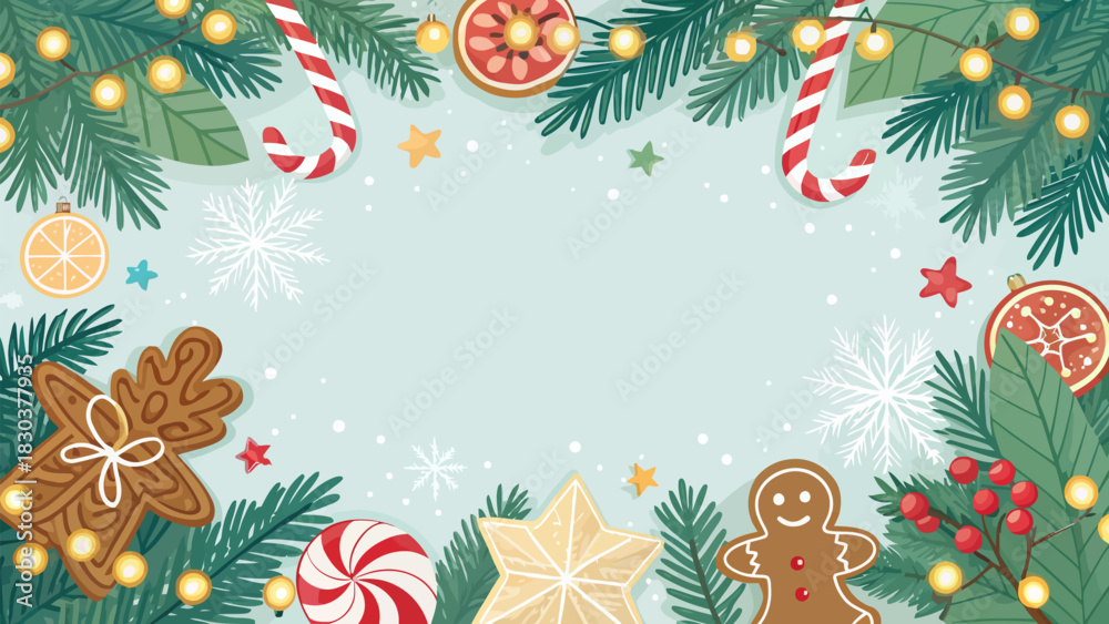 Obraz premium Christmas festive christmas scene with gingerbread cookies candy canes and pine branches border