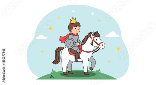 A charming cartoon prince with a golden crown, red cape, and shield, rides a white horse on a grassy hill under a blue sky.