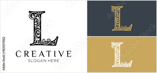 Ornate letter L logo designs, displayed in black, gold, and white color variations.