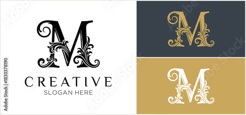Elegant logo template featuring the initial M, decorated with classic floral ornaments and swirls, presented in black, gold, and white variations.