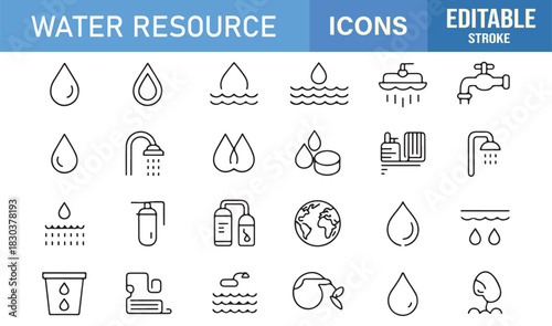 Comprehensive Water Resource Icon Pack Showing Waves, Taps, Globe Icons, Water Supplies, Purification Elements, and Clean Water Symbols