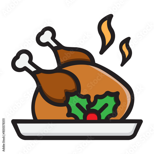 Illustration vector graphic of Hot Roasted Turkey Dinner Graphic on a Platter for Holiday Celebration With Colored Icon
