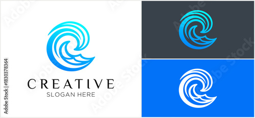 Abstract blue gradient wave logo design resembling the letter C or E, presented in various color schemes.