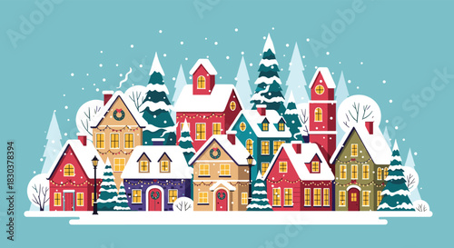 A cheerful and cozy winter village scene featuring snow-covered houses adorned with festive lights and evergreen trees, all under a gentle snowfall.