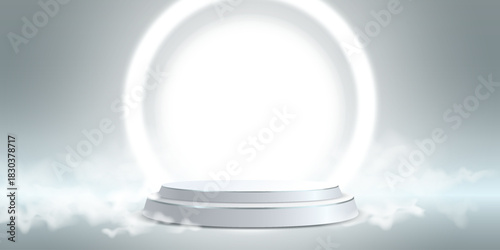 Empty round stage with illuminated halo ring and floating mist in clean studio scene.