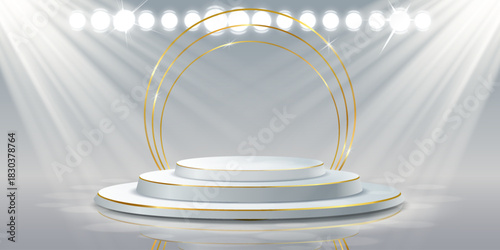 Luxury white podium with golden arches and spotlight illumination.