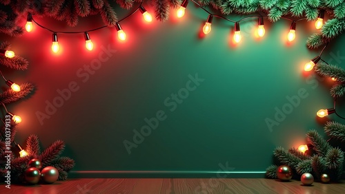 Festive holiday garland border with glowing red string lights and evergreen branches framing a deep teal background, perfect for Christmas invitations, social media posts, or seasonal greetings