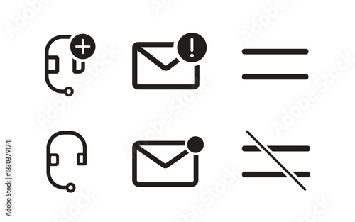Vectors icons representation of headset plus email notification and equals and not equals symbols displayed 