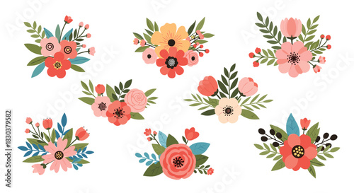 A beautiful collection of colorful flat-style floral bouquets featuring various flowers, leaves, and berries on a clean white background.