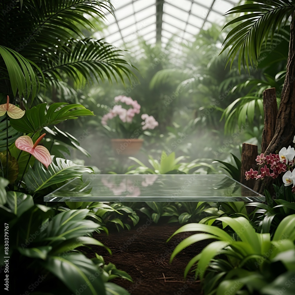 Fototapeta premium 3D Render of Glass Podium in Misty Tropical Greenhouse