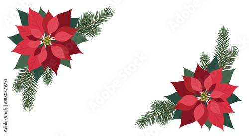 Beautiful holiday corner decorations featuring vibrant red poinsettias and lush green pine needles on a clean white background.