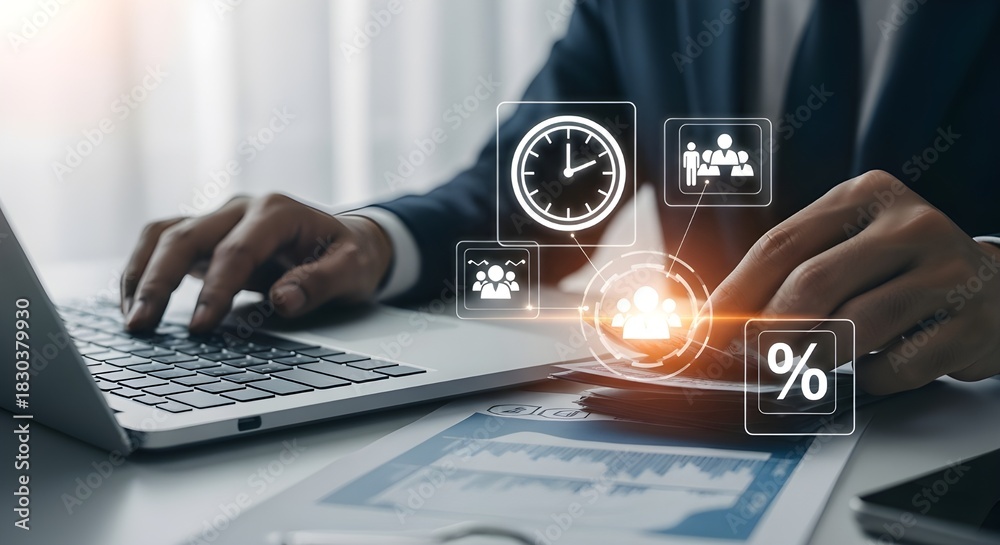 Naklejka premium Businessman analyzing data on laptop with time management and financial icons