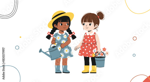 Two diverse young girls in dresses and boots, one with a watering can and the other with a flower bucket, enjoying gardening together.