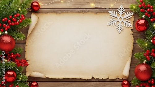 Rustic Christmas background featuring a blank aged parchment scroll framed by green pine branches, red ornaments, and glowing fairy lights