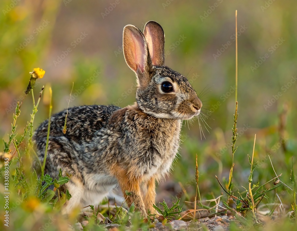 Fototapeta premium A wild cottontail rabbit surveys its surroundings among the tall green grass
