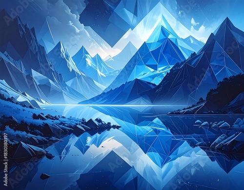 Wallpaper Mural Abstract, geometric mountain landscape reflecting in serene, blue water Torontodigital.ca