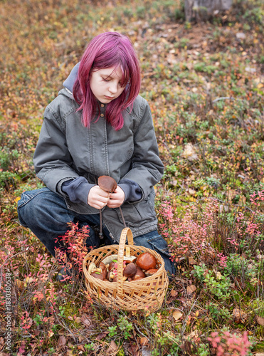 Girl foraging wild mushrooms in autumn forest