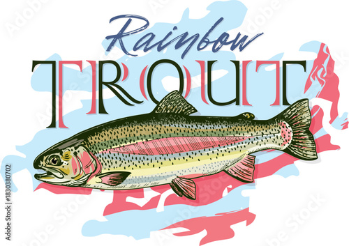 Rainbow Trout Vector Graphic with Stylized Text and Abstract Background
