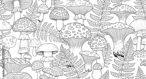 Intricate hand-drawn seamless pattern of forest mushrooms and delicate fern fronds in detailed black and white line art, ideal for coloring.