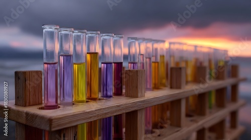 Test tubes filled with colorful liquids in a rack at a scenic coastal sunset