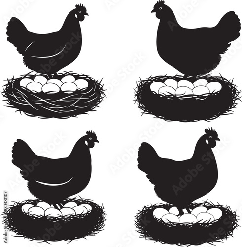Four black chicken silhouettes sitting on nests with eggs