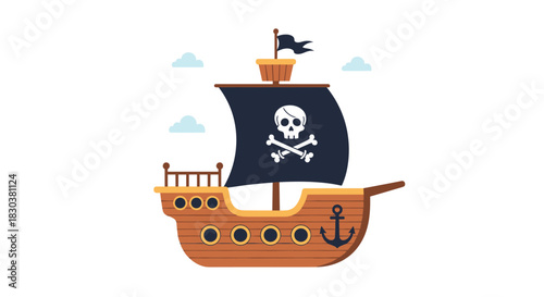 A charming cartoon illustration of a classic pirate ship with a black skull and crossbones sail, sailing under a bright sky with scattered clouds.