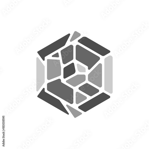 Modern geometric hexagon symbol composed of gray stone-like fragments. An abstract mosaic or pavement tile logo concept for business branding