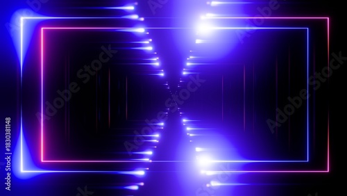 Fototapeta Naklejka Na Ścianę i Meble -  Abstract Glowing Neon Square Tunnel Background - Vibrant Digital Cyberpunk Geometric Light Effect