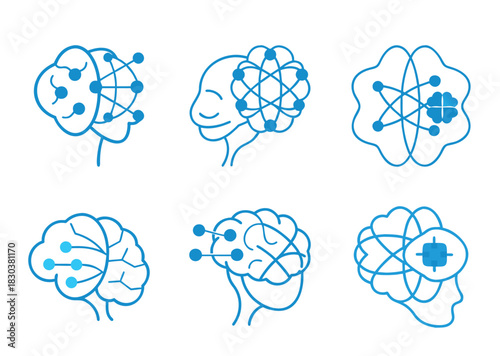 AI Brain Icon Set Representing Neural Networks and Technological Advancement