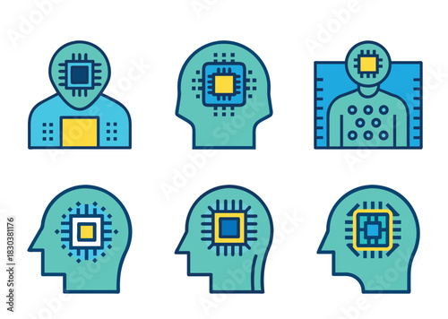 Artificial Intelligence and Cybernetics Vector Icons Set Depicting Human Enhancement