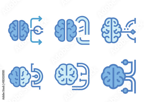Artificial Intelligence and Machine Learning Brain Icons with Connection Graphics Designs