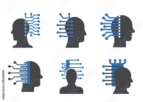 Artificial Intelligence and Neural Network Interface Icons Depicting Technological Advancements
