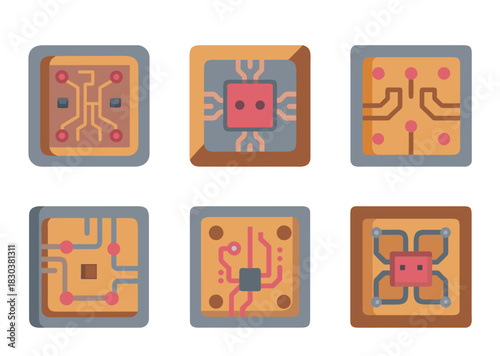 Collection of six vector style computer integrated circuit chip illustrations