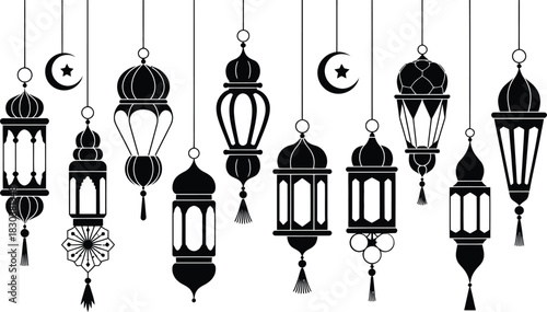 Elegant collection of hanging ramadan lanterns and crescent moons perfect for islamic celebrations and decorative elements in black and white silhouette style