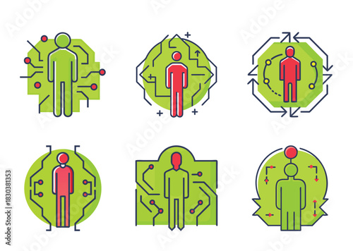 Conceptual illustration of human integration into technological processes and cybernetic systems