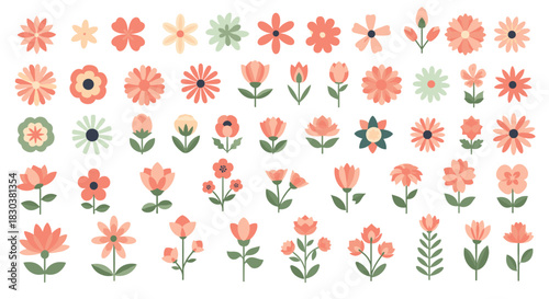 A delightful collection of stylized flat-design flowers in a warm pastel palette, perfect for spring and summer themes.