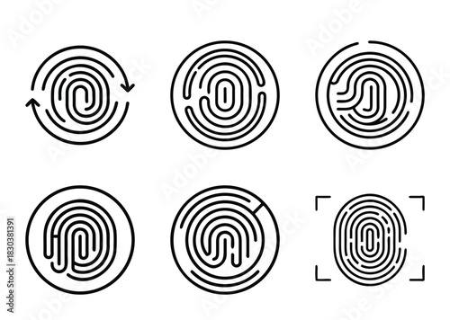 Diverse collection of fingerprint scan icons with unique identification patterns