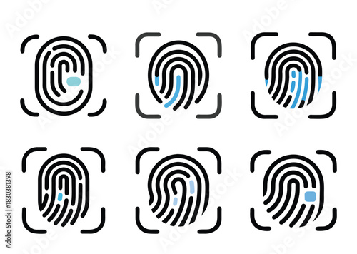 Fingerprint authentication scanning icons, security access identity verification technology system