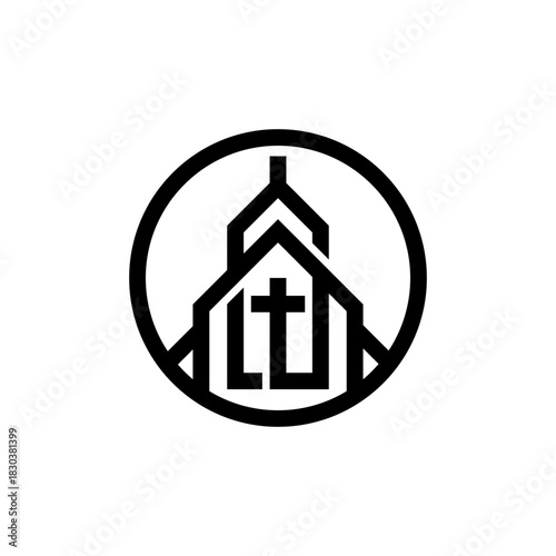 A modern minimalist line art logo featuring a stylized church with an integrated cross and LT monogram, all enclosed within a simple circle