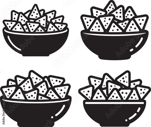 Four bowls of tortilla chips in a simple black silhouette